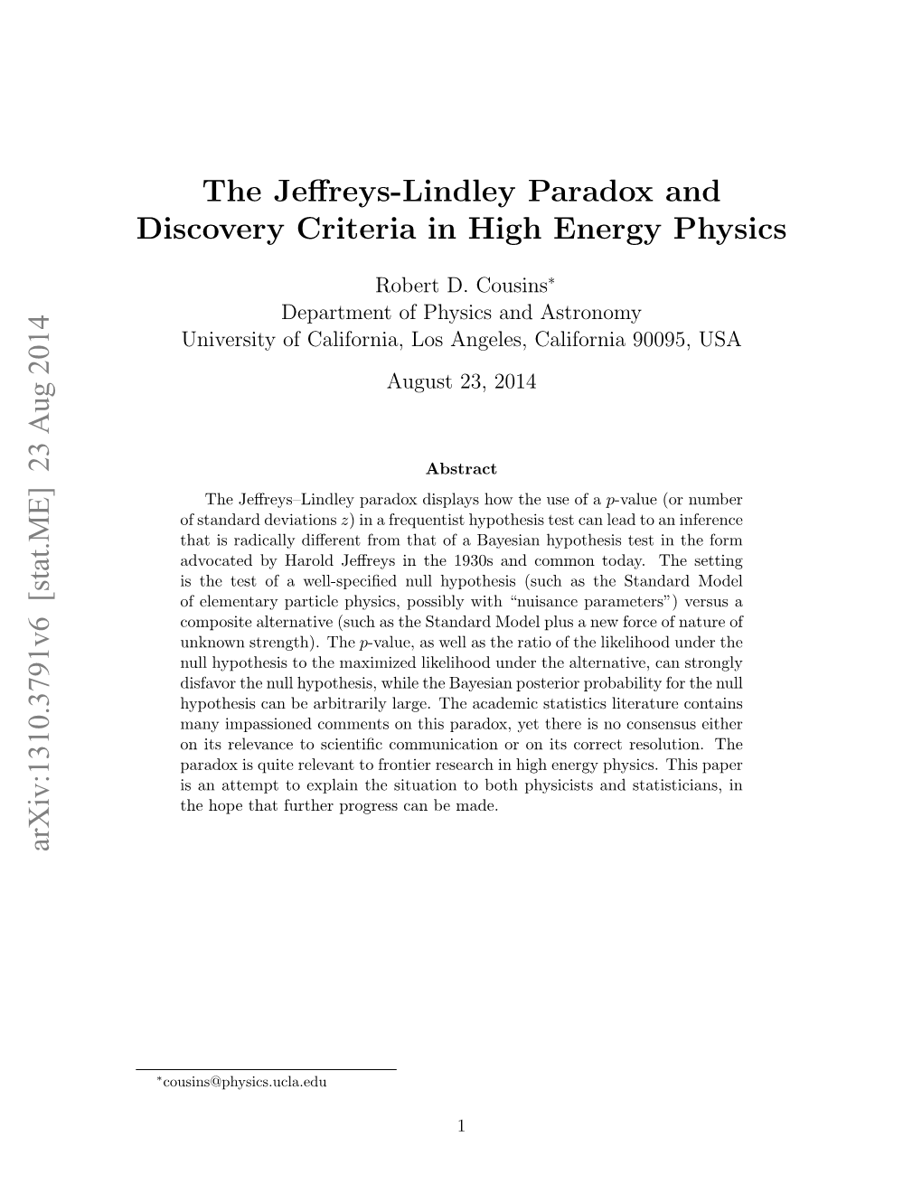 The Jeffreys-Lindley Paradox and Discovery Criteria in High Energy