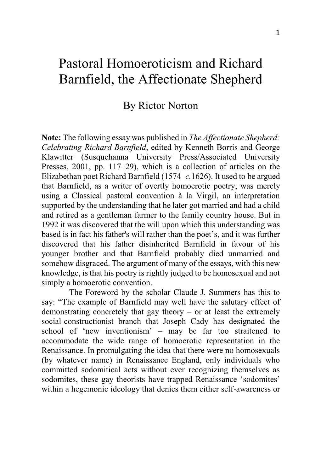 Pastoral Homoeroticism and Richard Barnfield, the Affectionate Shepherd