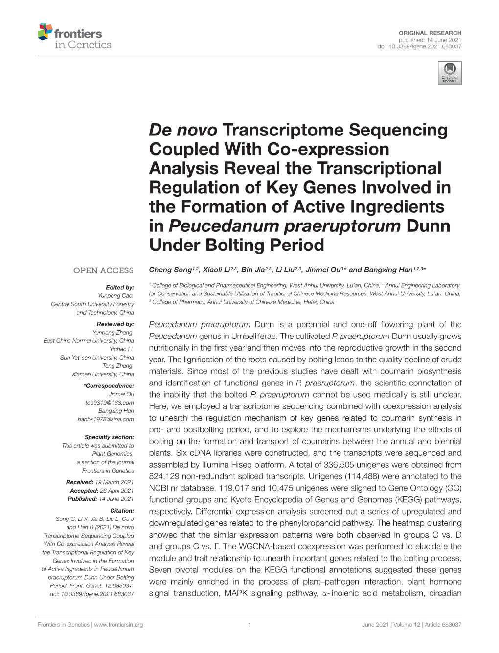 De Novo Transcriptome Sequencing Coupled with Co-Expression