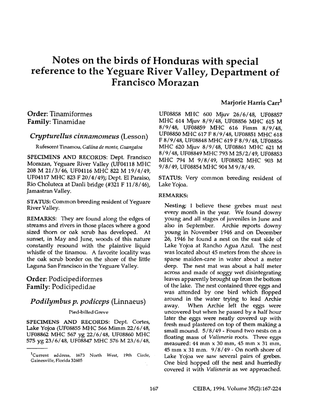 Notes on the Birds of Honduras with Special Reference to the Yeguare River Valley, Department of Francisco Morazan