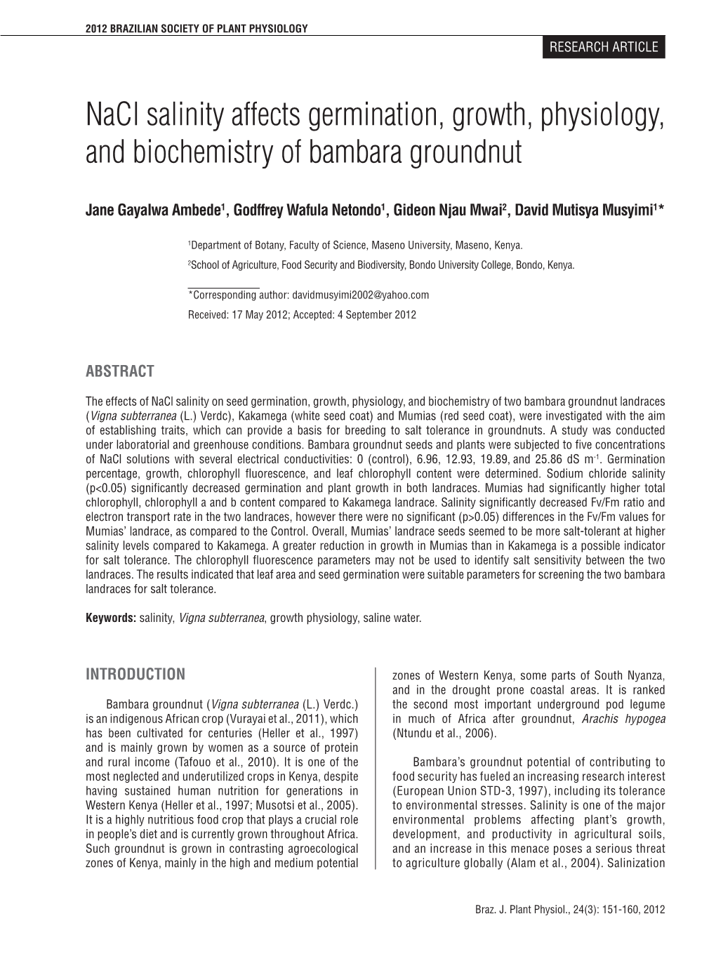 Nacl Salinity Affects Germination, Growth, Physiology, and Biochemistry of Bambara Groundnut