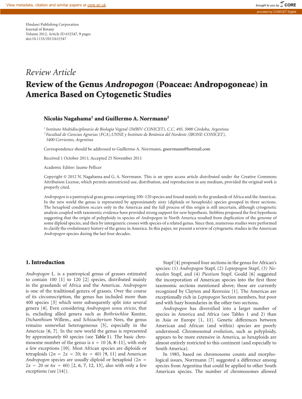 Review Article Review of the Genus Andropogon (Poaceae: Andropogoneae) in America Based on Cytogenetic Studies