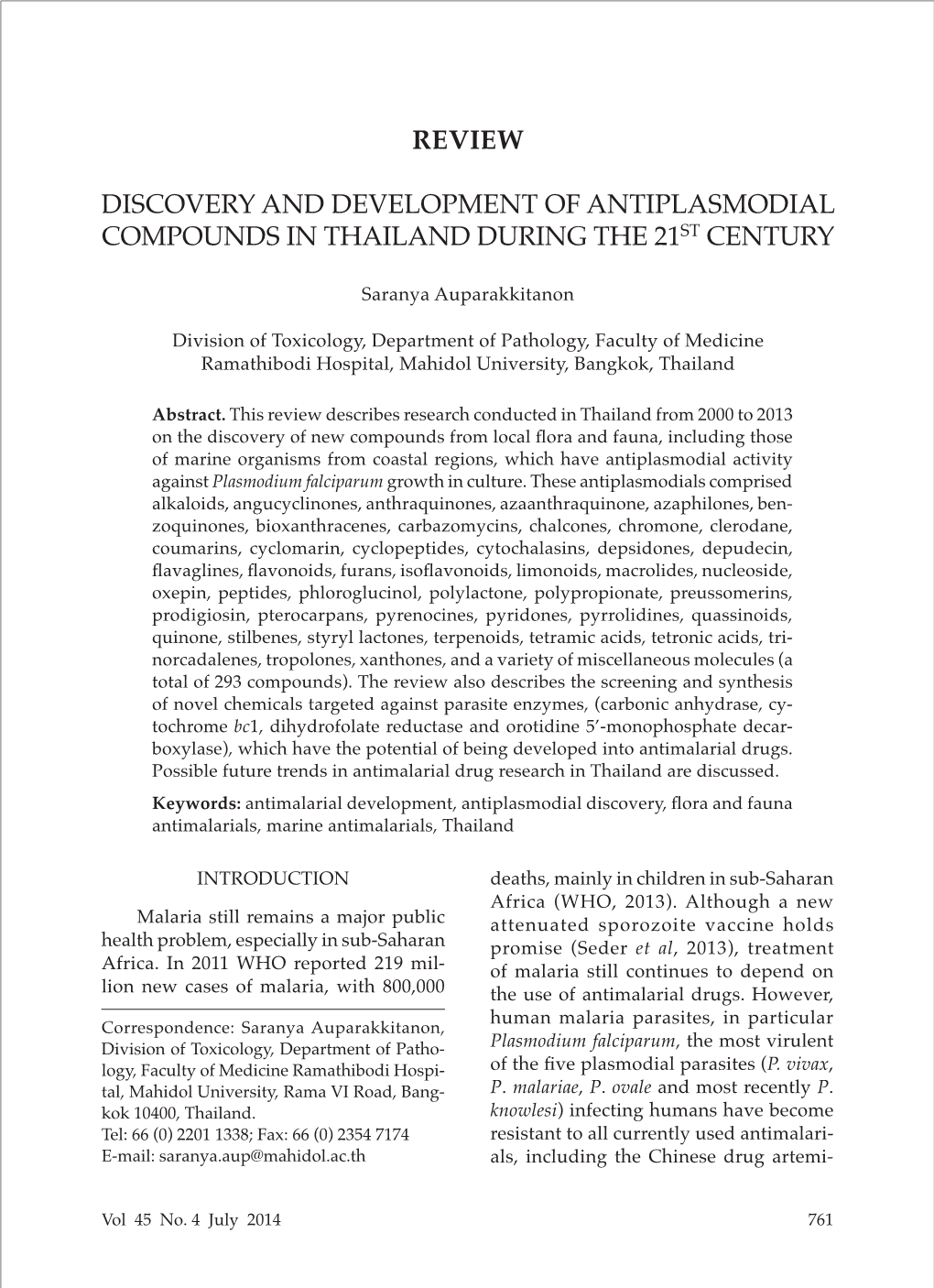 Review Discovery and Development of Antiplasmodial Compounds in Thailand During the 21St Century