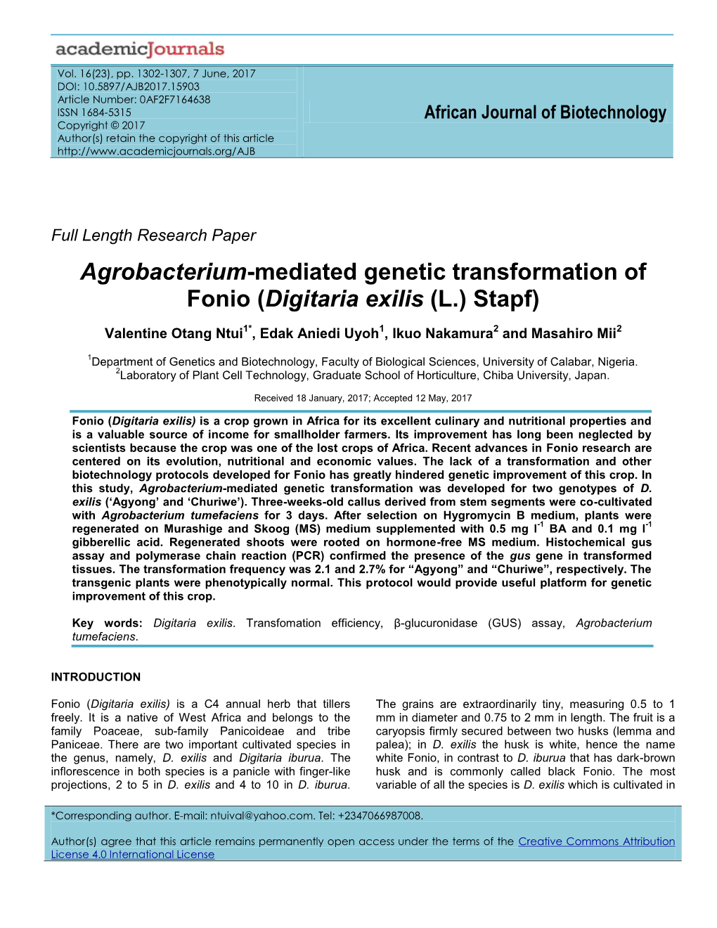 Agrobacterium-Mediated Genetic Transformation of Fonio (Digitaria Exilis (L.) Stapf)