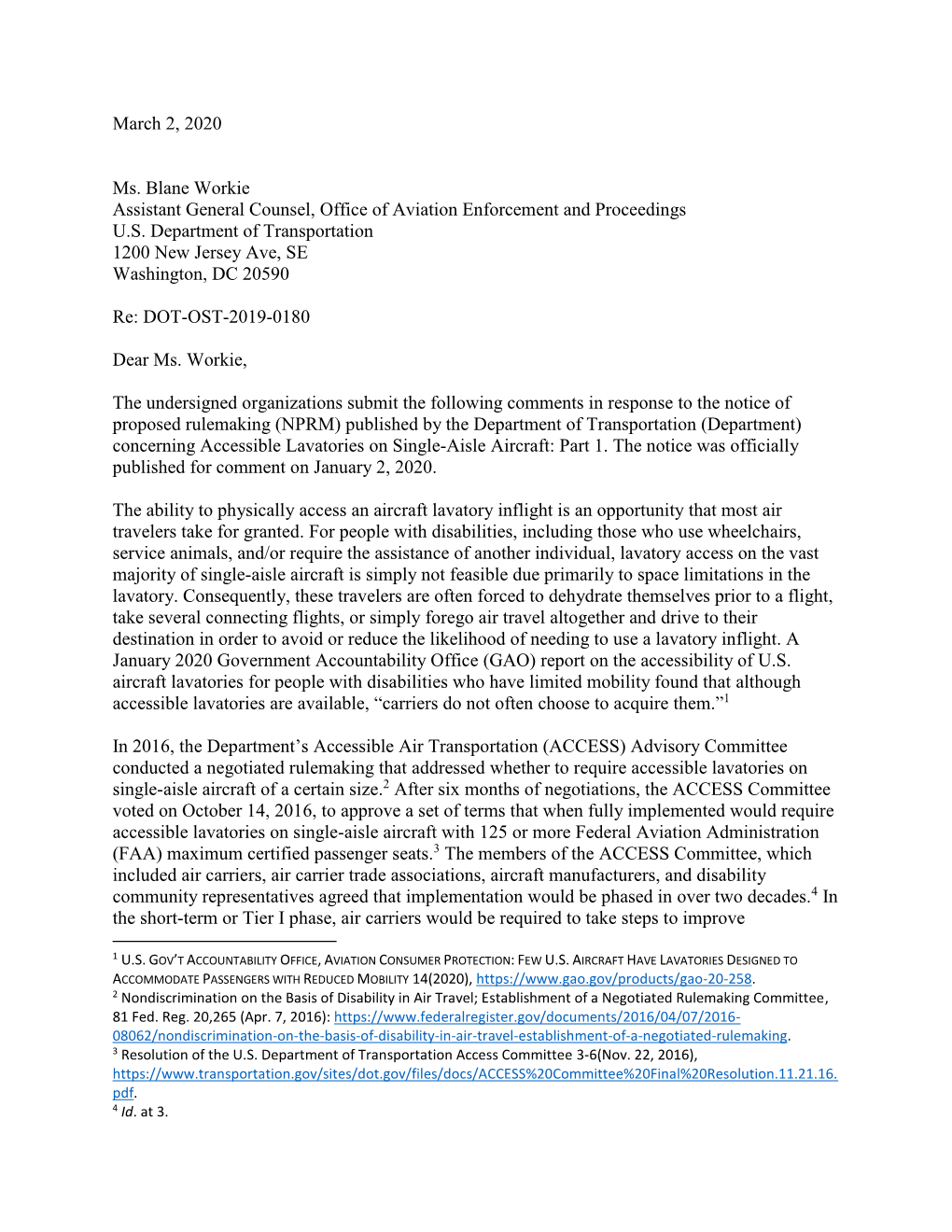 March 2, 2020 Ms. Blane Workie Assistant General Counsel, Office of Aviation Enforcement and Proceedings U.S. Department of Tran