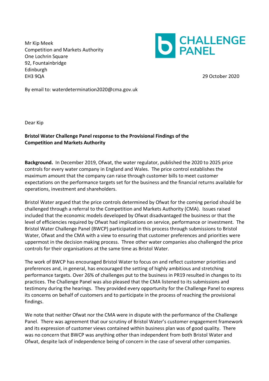 Bristol Water Challenge Panel's Response to the Provisional Findings