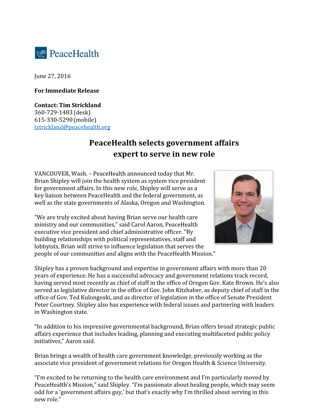 Peacehealth Selects Government Affairs Expert to Serve in New Role