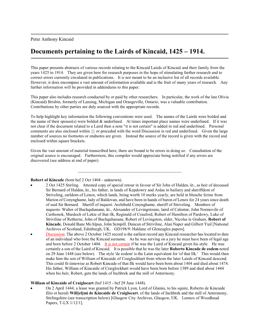 Documents Pertaining to the Lairds of Kincaid, 1425 – 1914