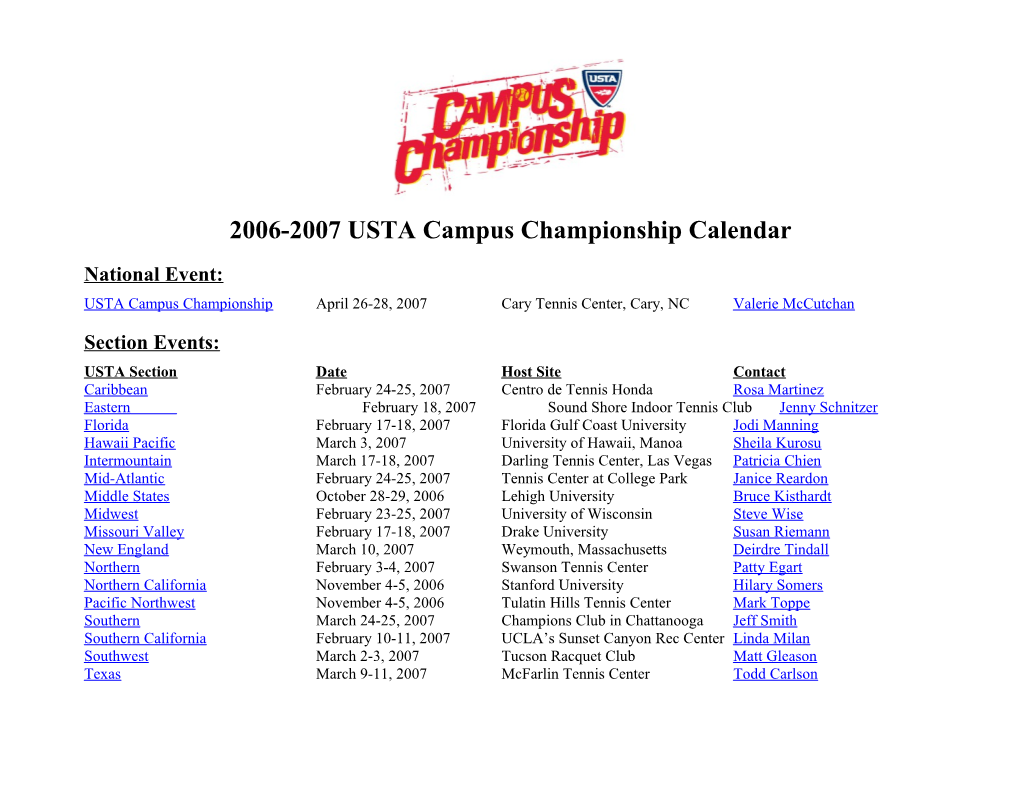 2006-2007 USTA Campus Championship Calendar