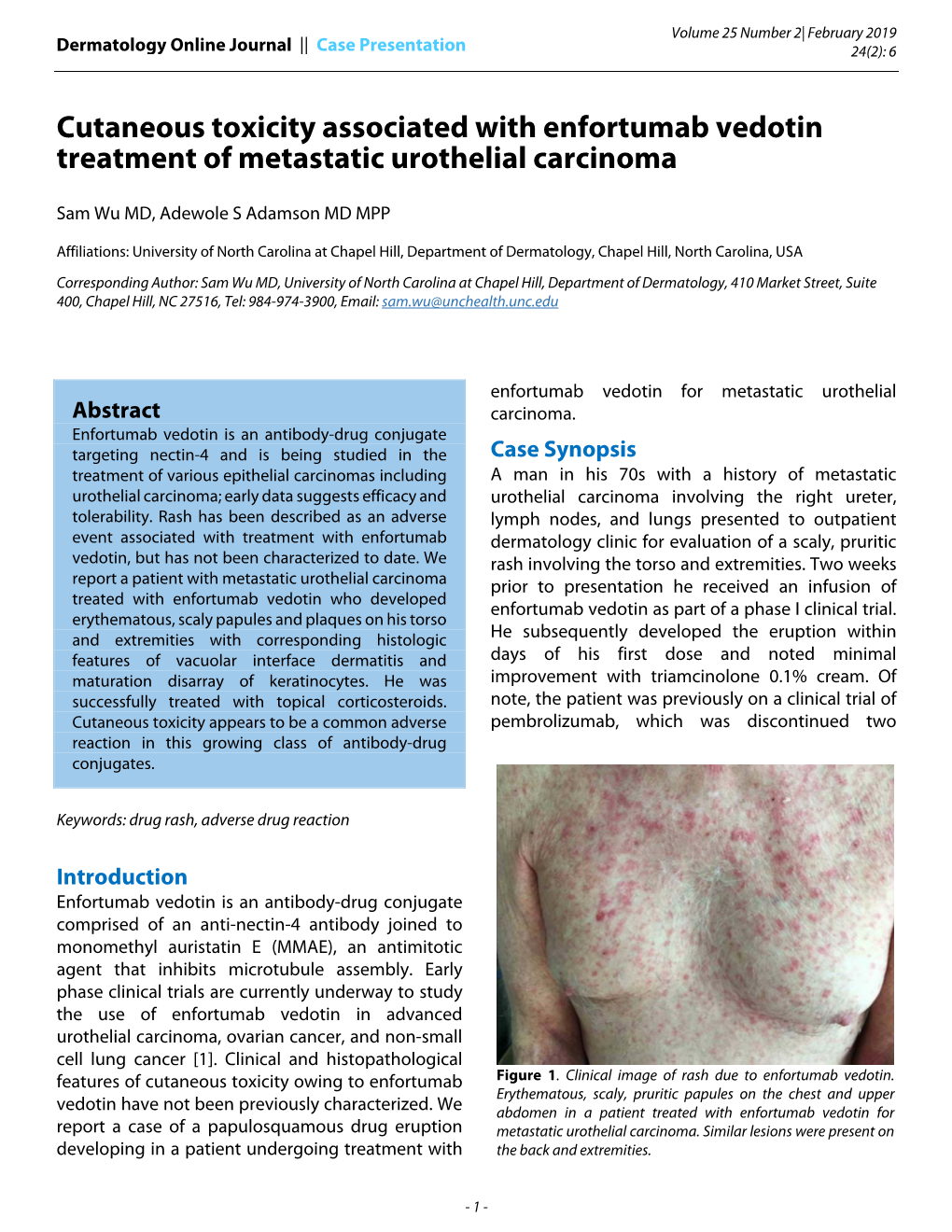 Cutaneous Toxicity Associated with Enfortumab Vedotin Treatment of Metastatic Urothelial Carcinoma