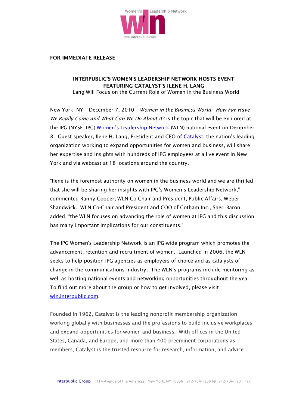 For Immediate Release Interpublic's Women's