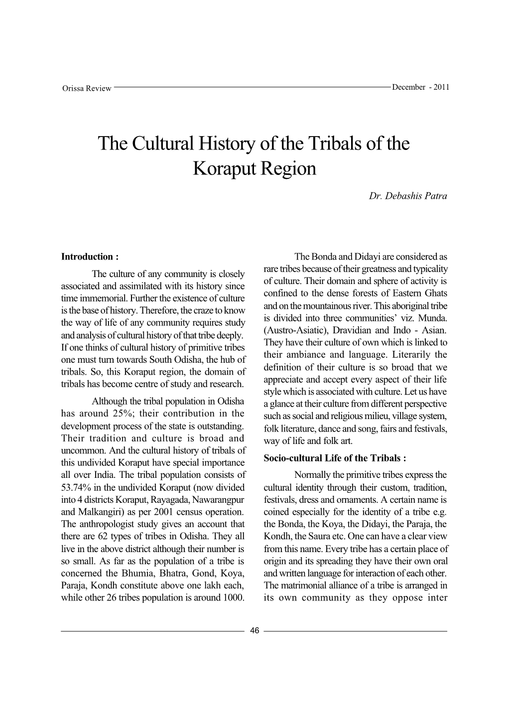 The Cultural History of the Tribals of the Koraput Region
