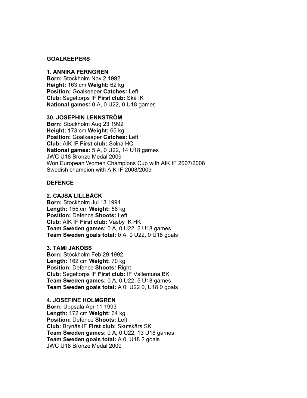 Goalkeeper Catches: Left Club: Segeltorps IF First Club: Skå IK National Games: 0 A, 0 U22, 0 U18 Games