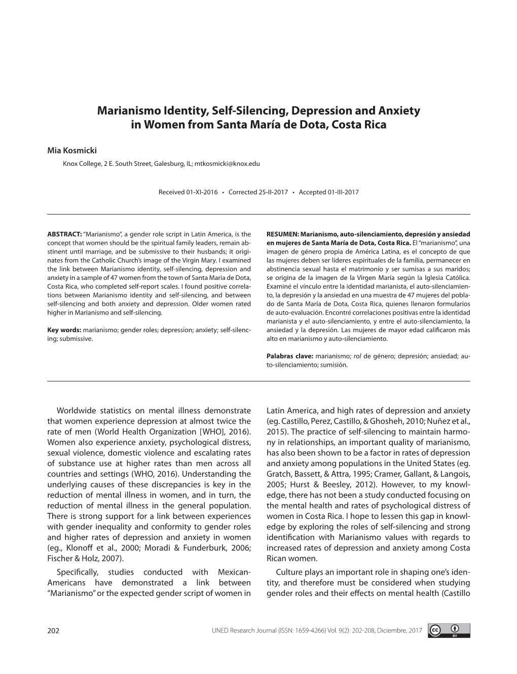 Marianismo Identity, Self-Silencing, Depression and Anxiety in Women from Santa María De Dota, Costa Rica