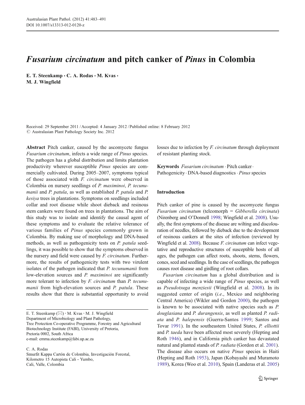 Fusarium Circinatum and Pitch Canker of Pinus in Colombia
