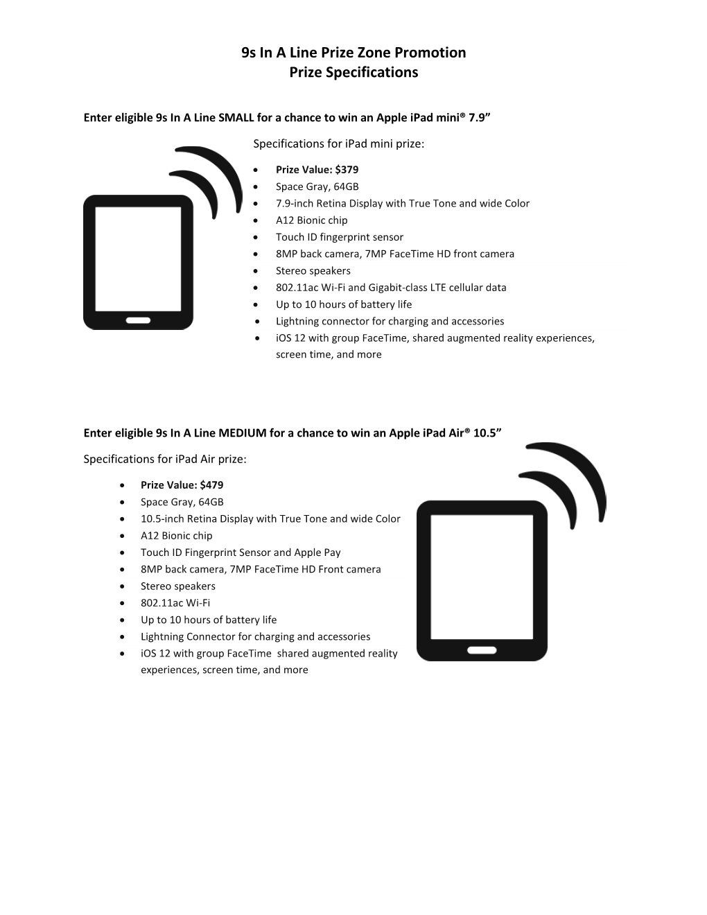 9S in a Line Prize Zone Promotion Prize Specifications