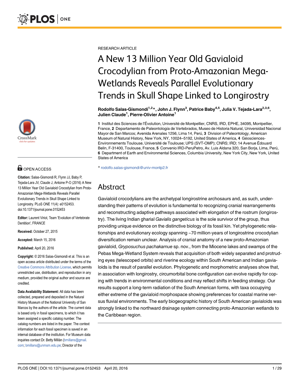 A New 13 Million Year Old Gavialoid Crocodylian from Proto-Amazonian Mega- Wetlands Reveals Parallel Evolutionary Trends in Skull Shape Linked to Longirostry