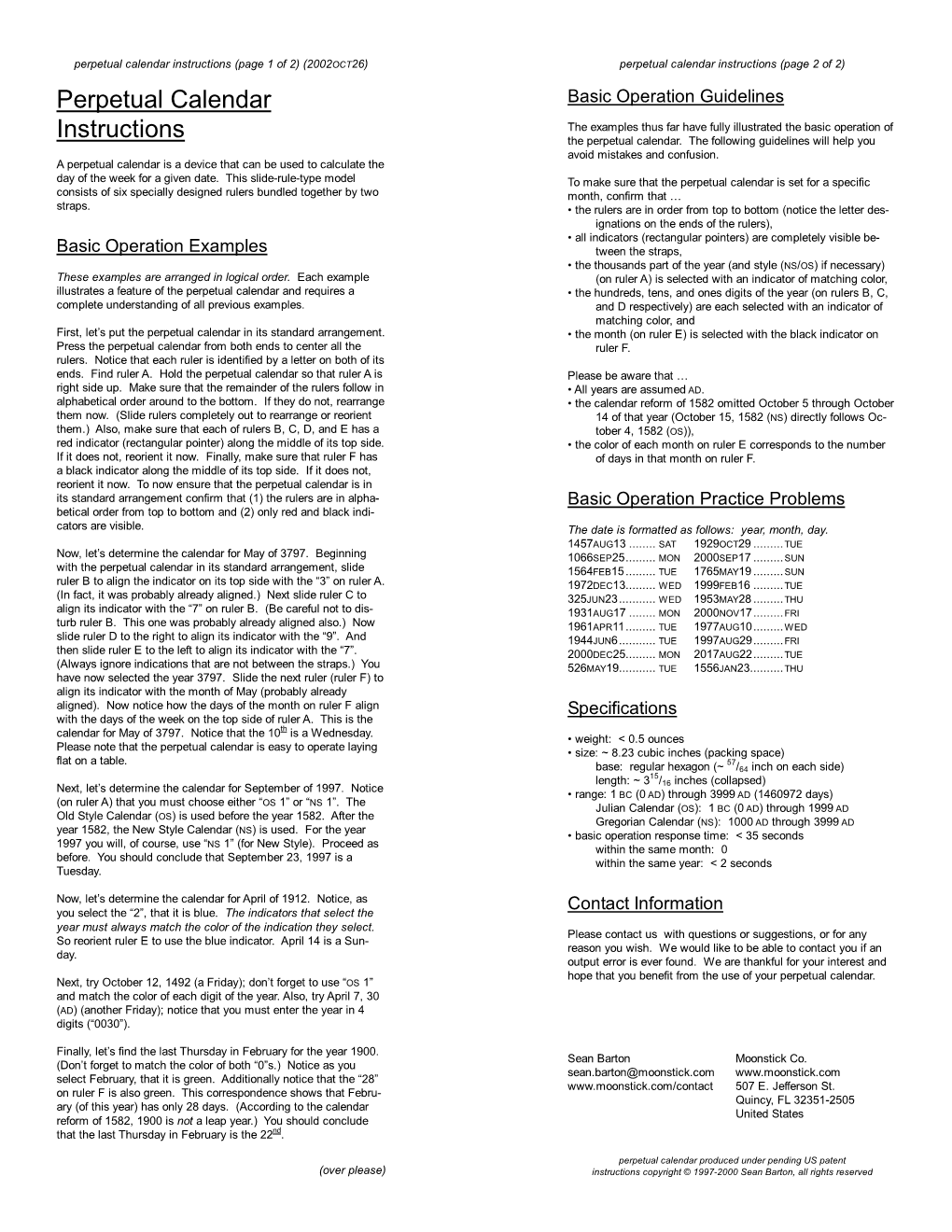 Perpetual Calendar Instructions (Page 1 of 2) (2002OCT26) Perpetual Calendar Instructions (Page 2 of 2) Perpetual Calendar Basic Operation Guidelines