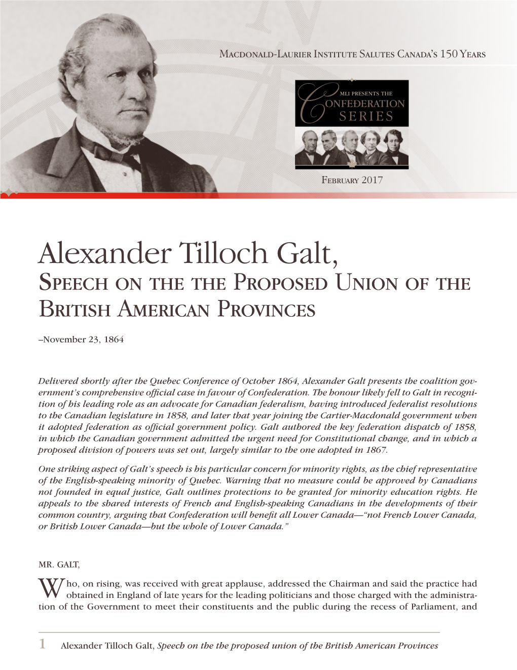 Alexander Tilloch Galt, Speech on the the Proposed Union of the British American Provinces –November 23, 1864