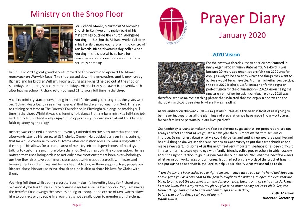 Prayer Diary for Richard Moore, a Curate at St Nicholas Church in Kenilworth, a Major Part of His Ministry Lies Outside the Church