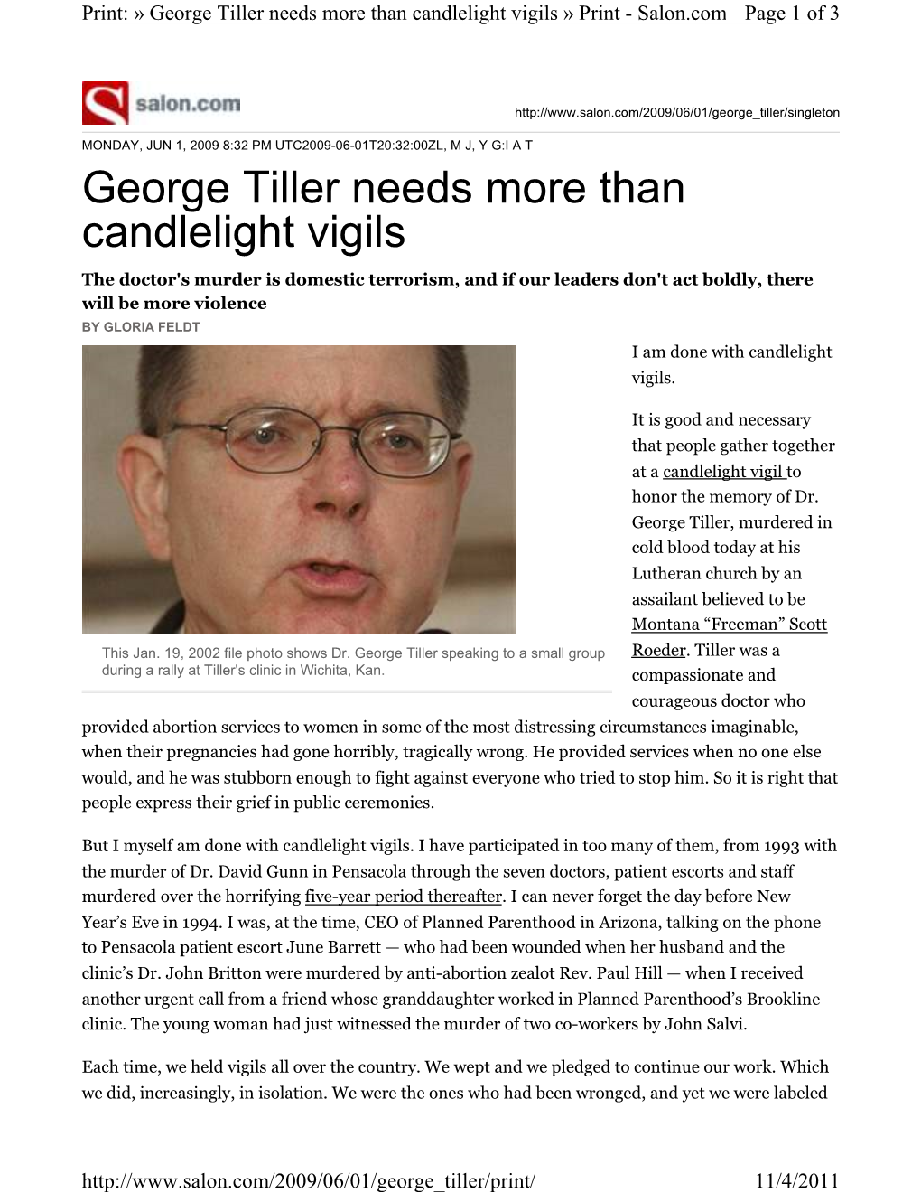 George Tiller Needs More Than Candlelight Vigils » Print - Salon.Com Page 1 of 3