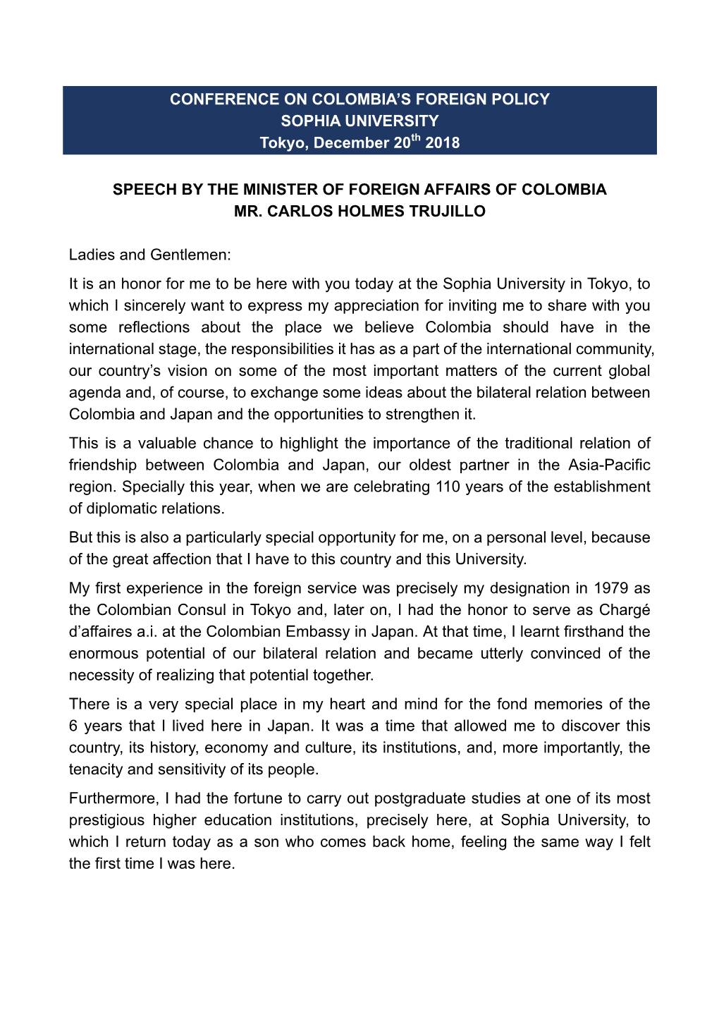 Conference on Colombia's Foreign Policy Sophia