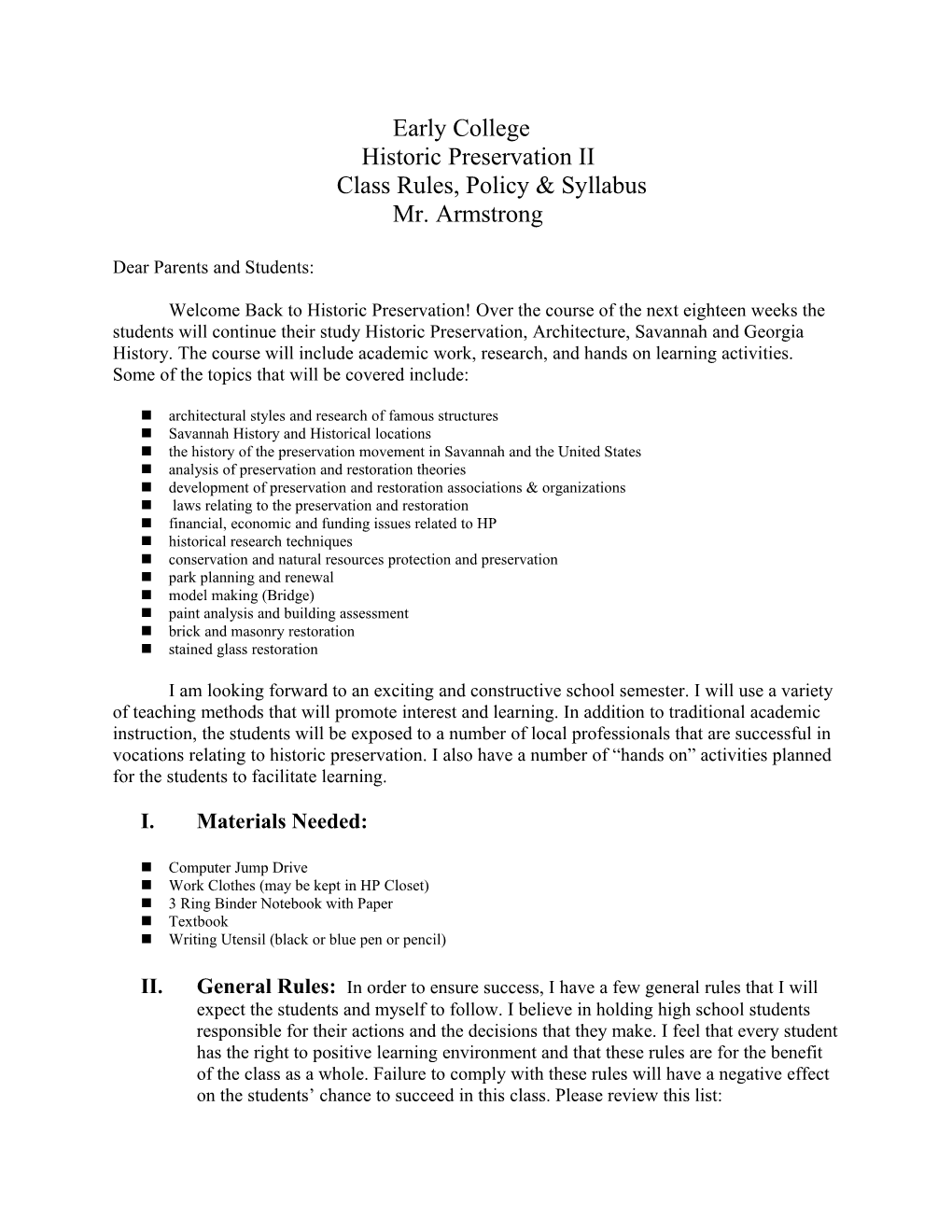 Class Rules, Policy & Syllabus