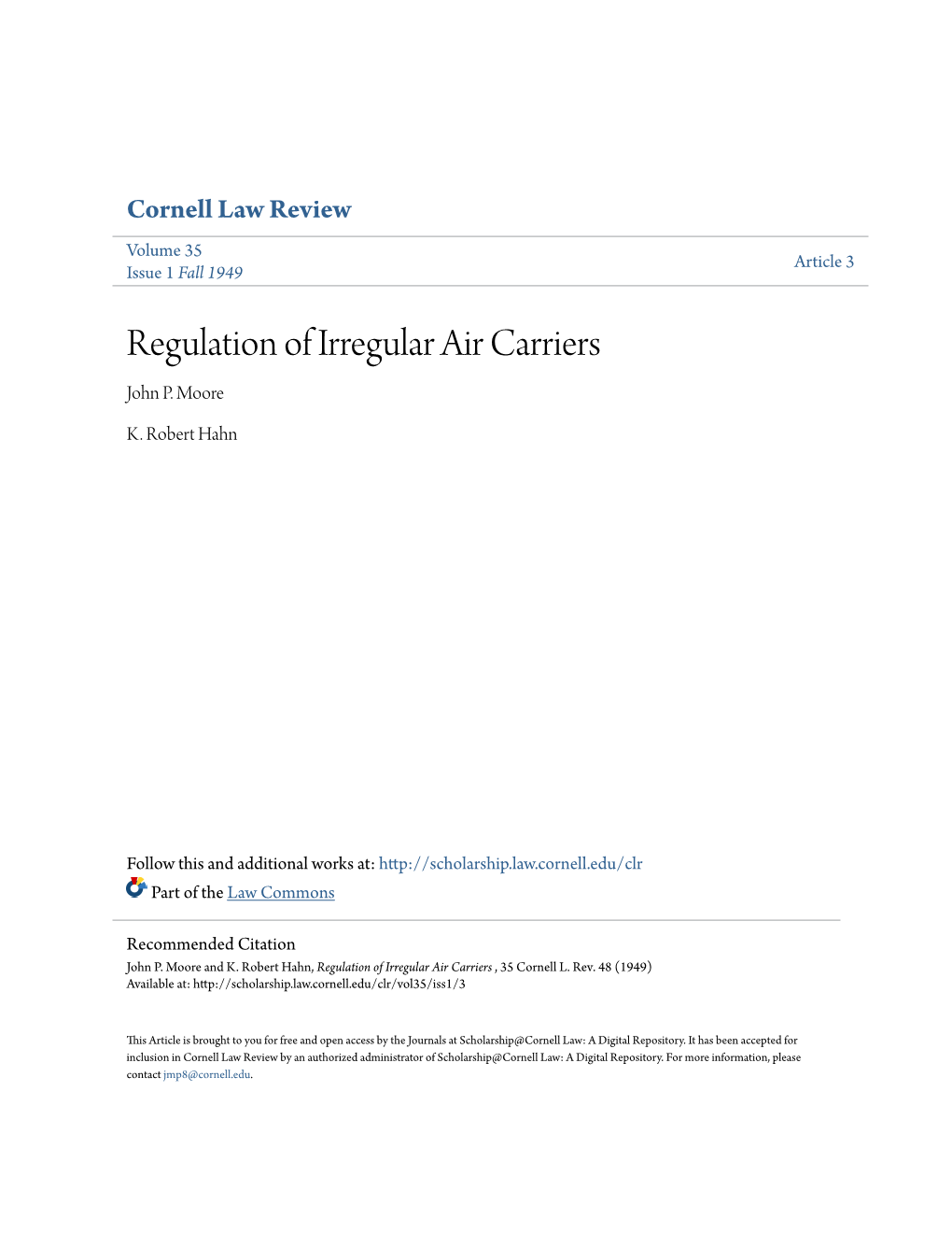 Regulation of Irregular Air Carriers John P