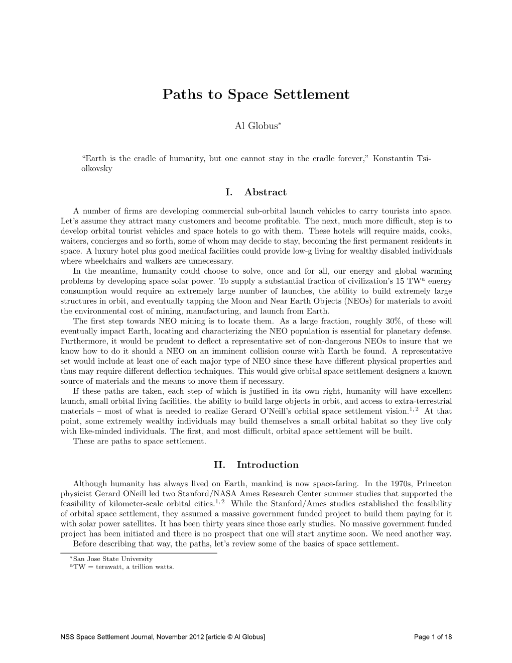 Paths to Space Settlement