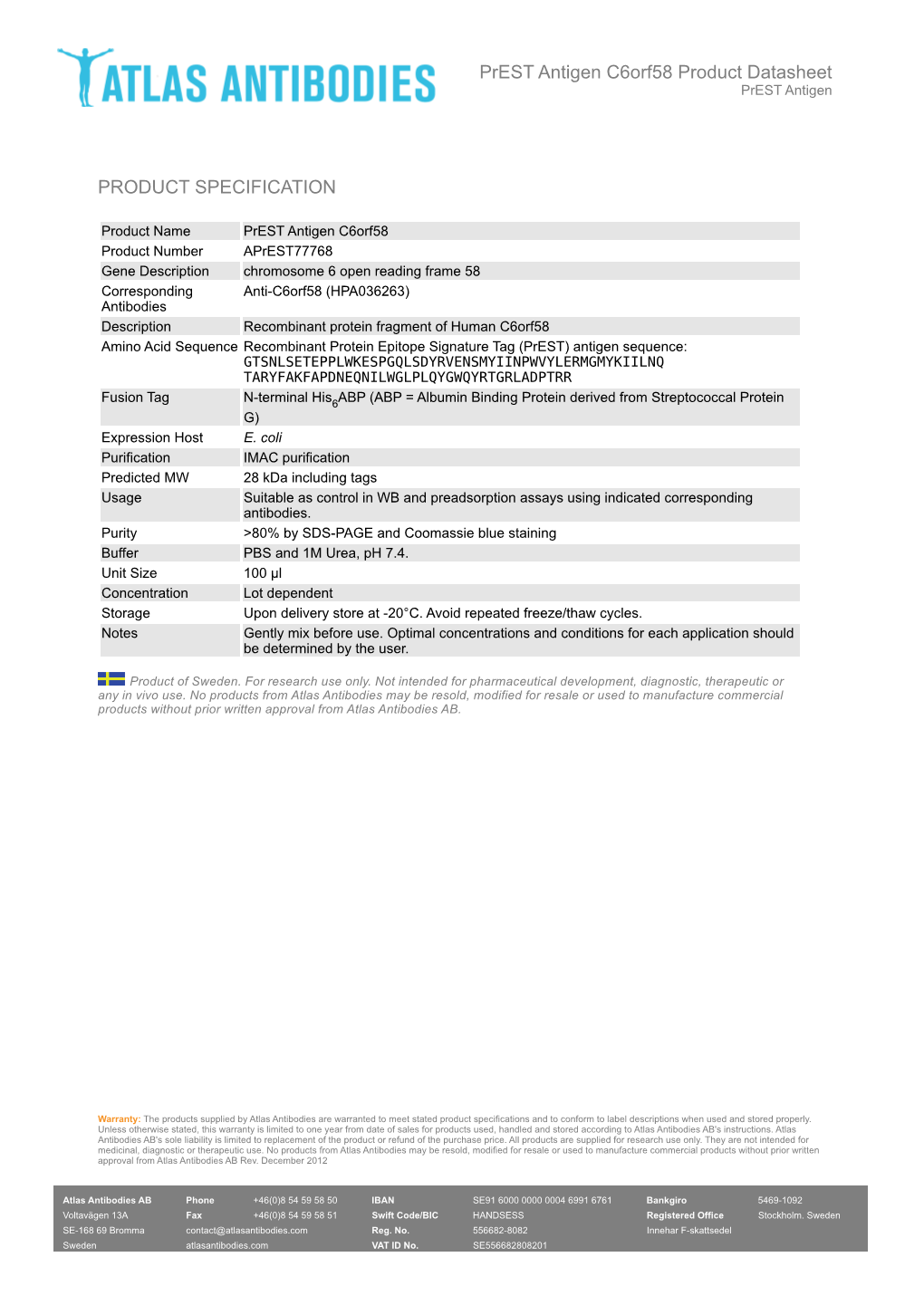 PRODUCT SPECIFICATION Prest Antigen C6orf58 Product Datasheet