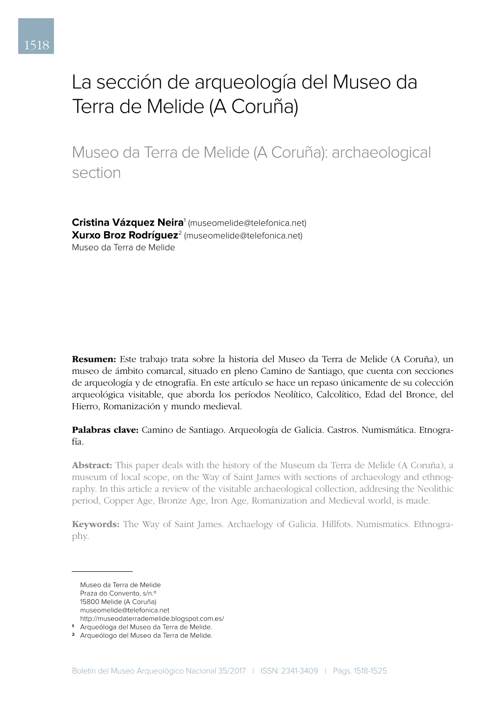 La Sección De Arqueología Del Museo Da Terra De Melide (A Coruña)