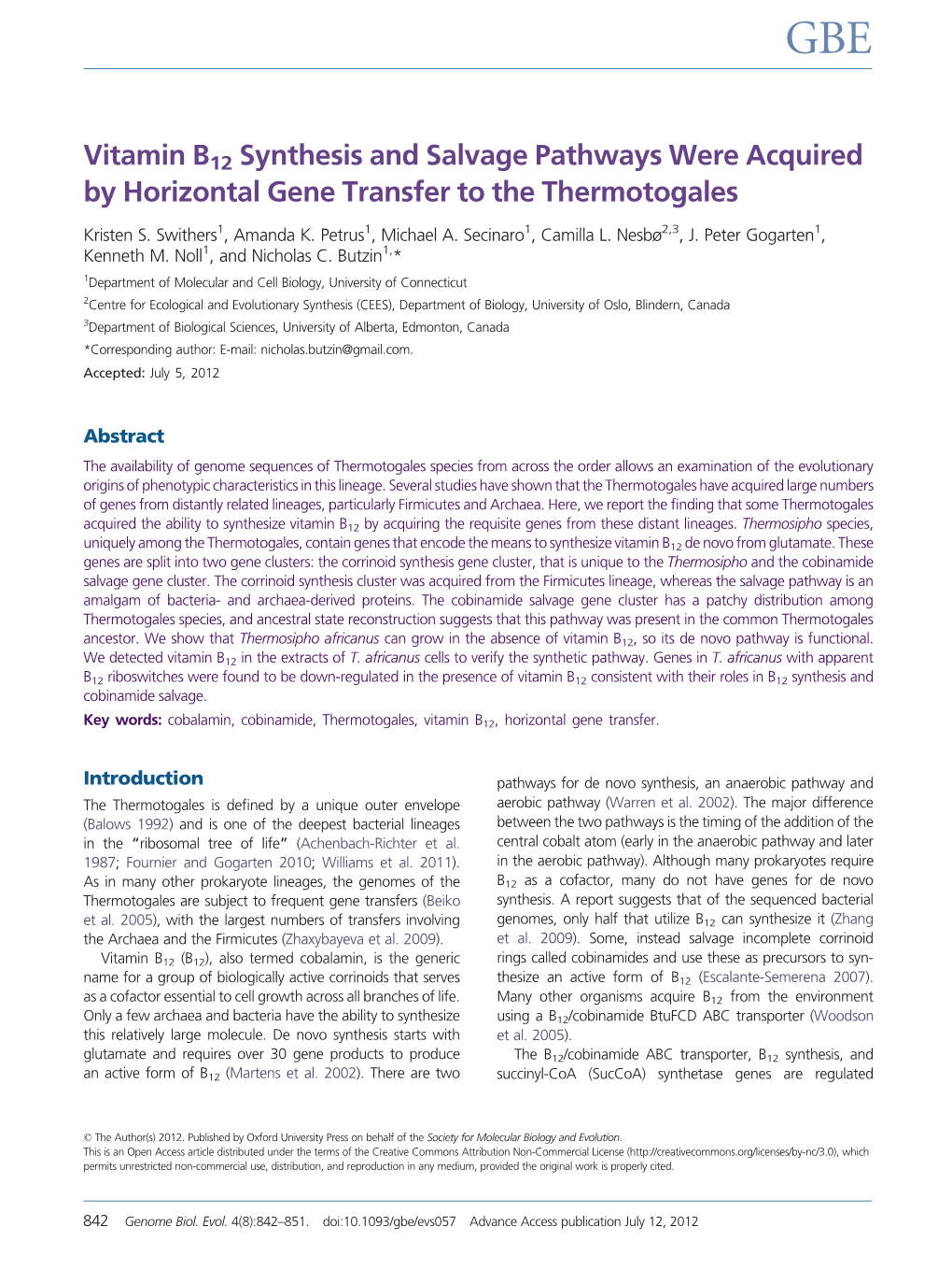 Vitamin B12 Synthesis and Salvage Pathways Were Acquired by Horizontal Gene Transfer to the Thermotogales