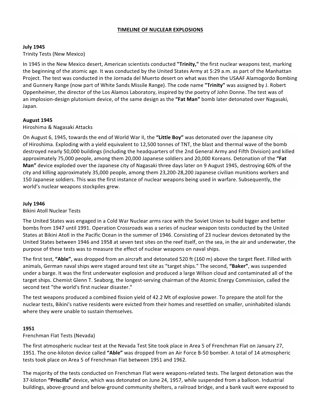 TIMELINE of NUCLEAR EXPLOSIONS July 1945 Trinity