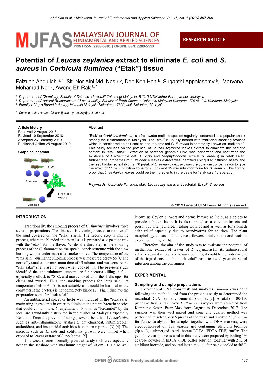 Potential of Leucas Zeylanica Extract to Eliminate E. Coli and S. Aureus in Corbicula Fluminea (“Etak”) Tissue