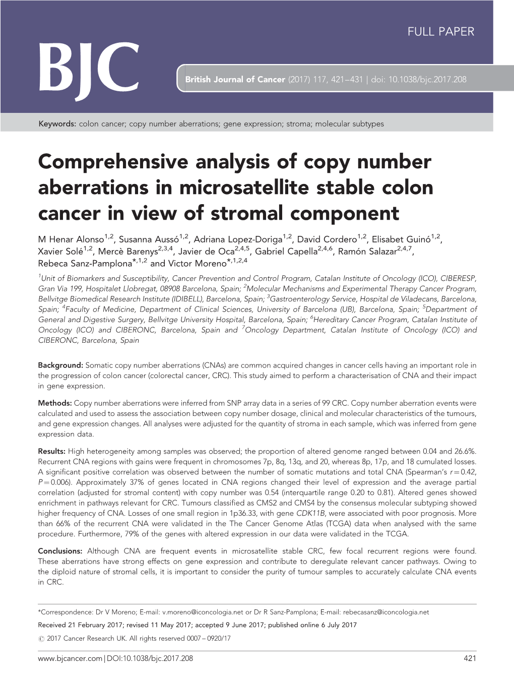 Comprehensive Analysis of Copy Number Aberrations in Microsatellite Stable Colon Cancer in View of Stromal Component