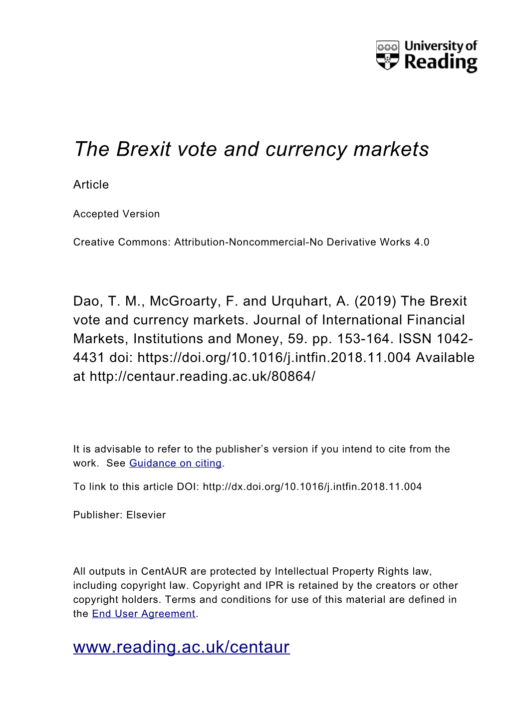 The Brexit Vote and Currency Markets