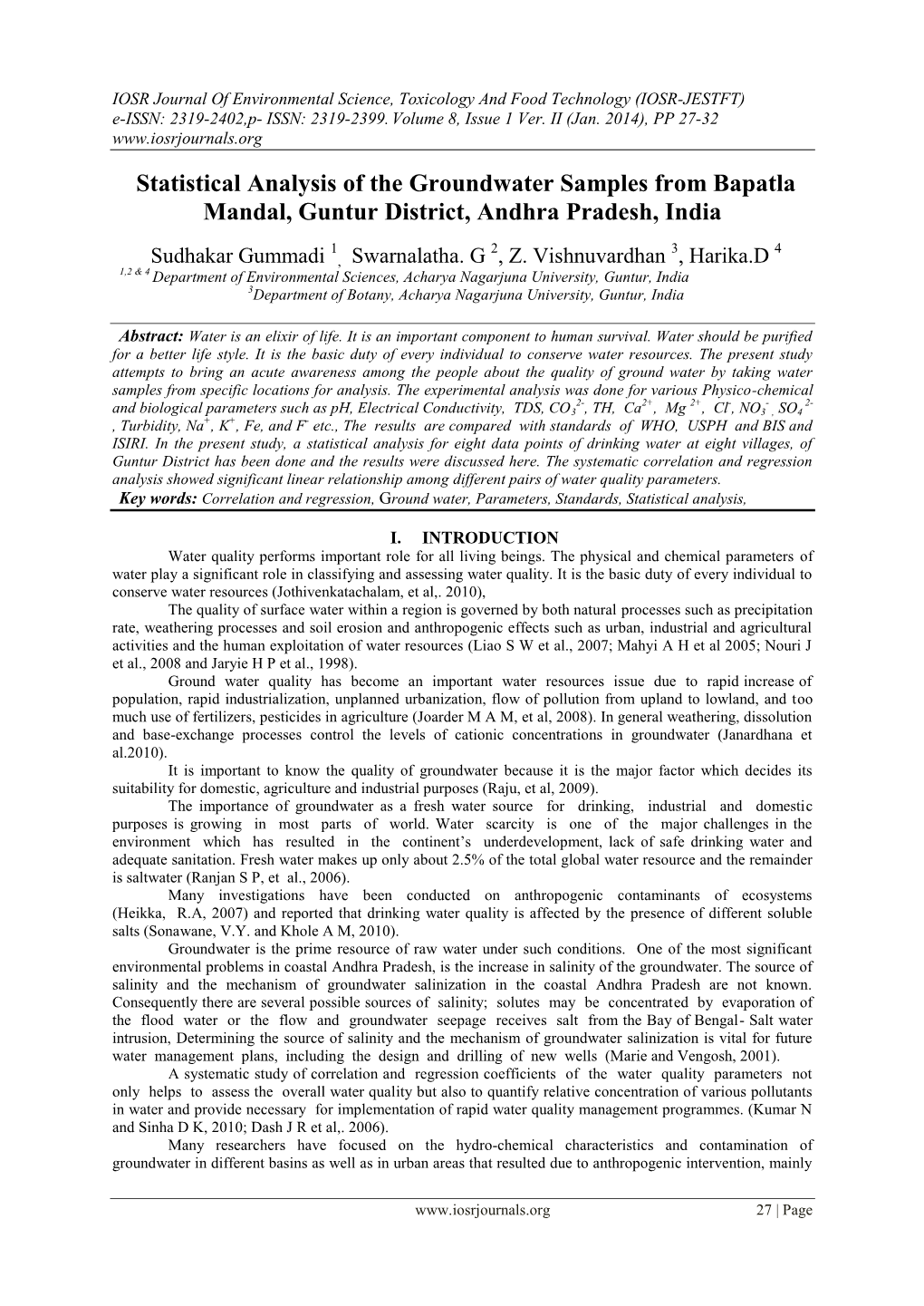 Statistical Analysis of the Groundwater Samples from Bapatla Mandal, Guntur District, Andhra Pradesh, India
