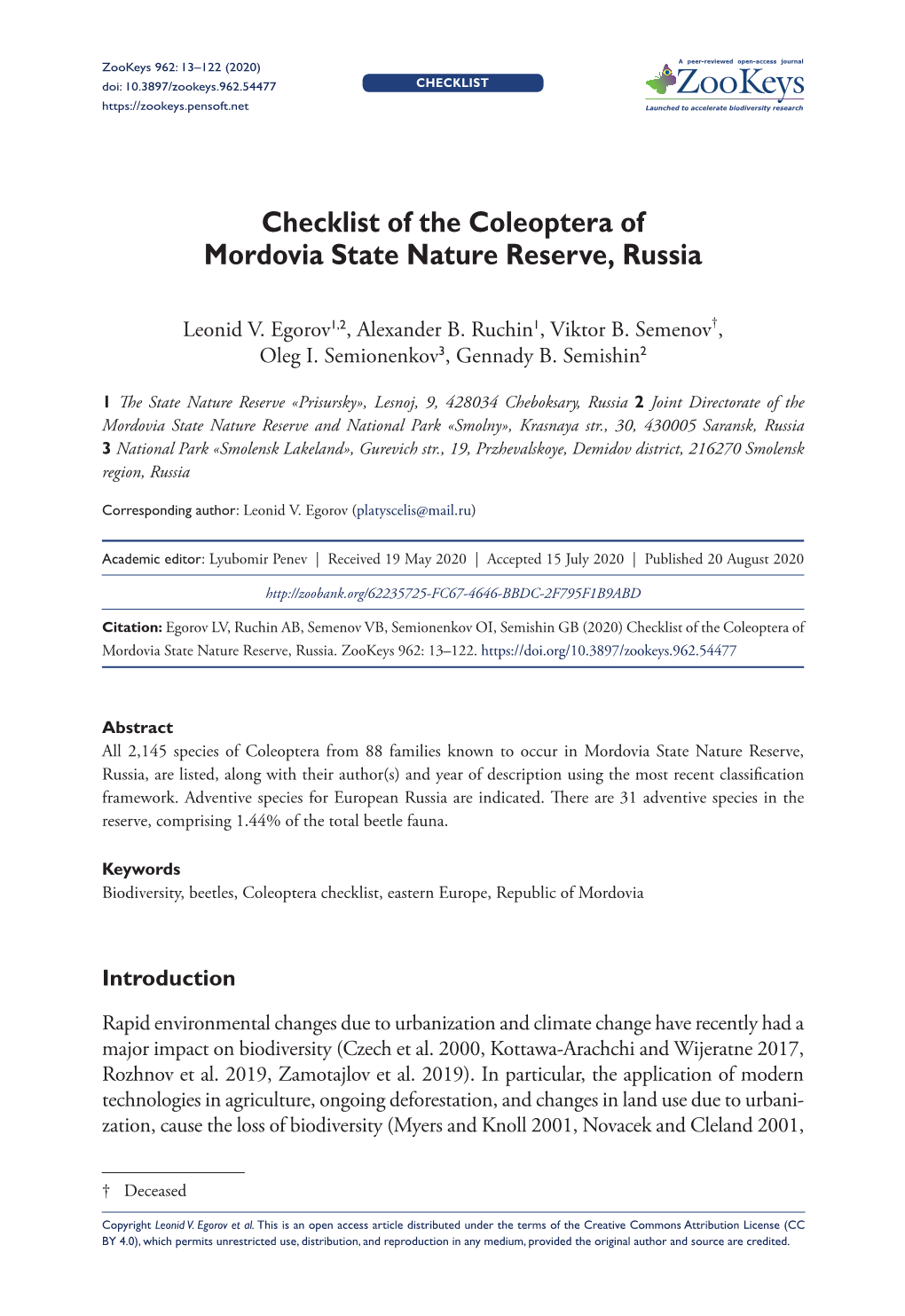 ﻿Checklist of the Coleoptera of Mordovia State Nature Reserve