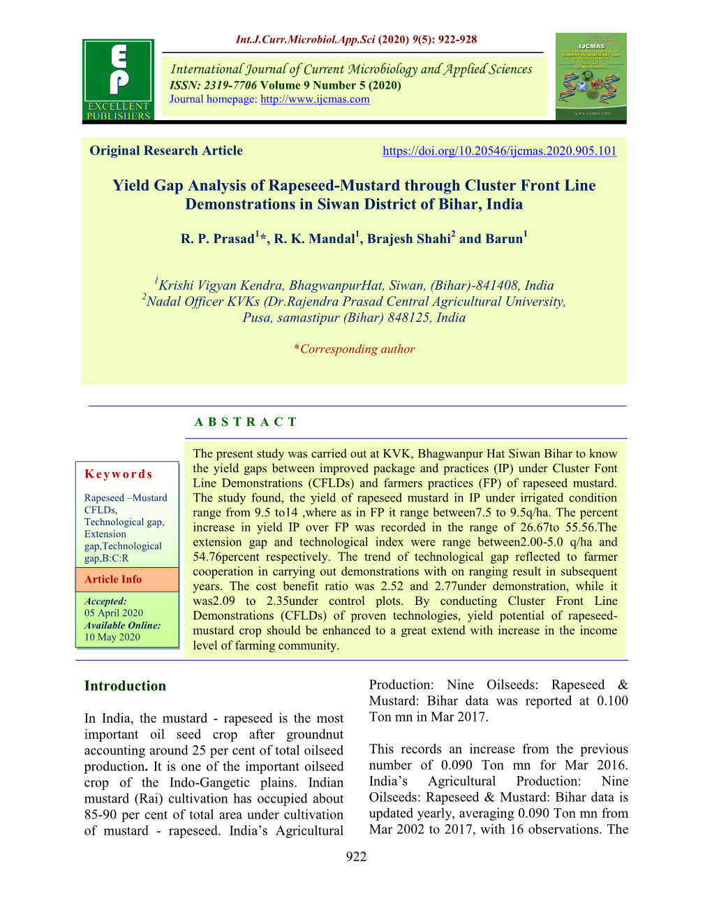 Yield Gap Analysis of Rapeseed-Mustard Through Cluster Front Line Demonstrations in Siwan District of Bihar, India