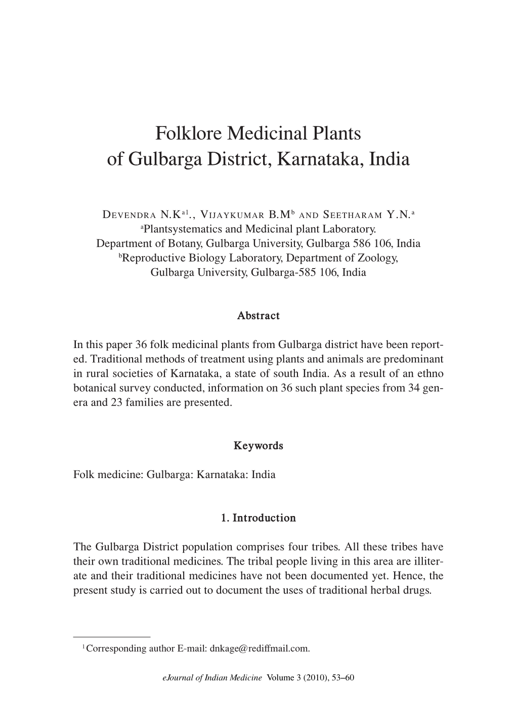 Folklore Medicinal Plants of Gulbarga District, Karnataka, India