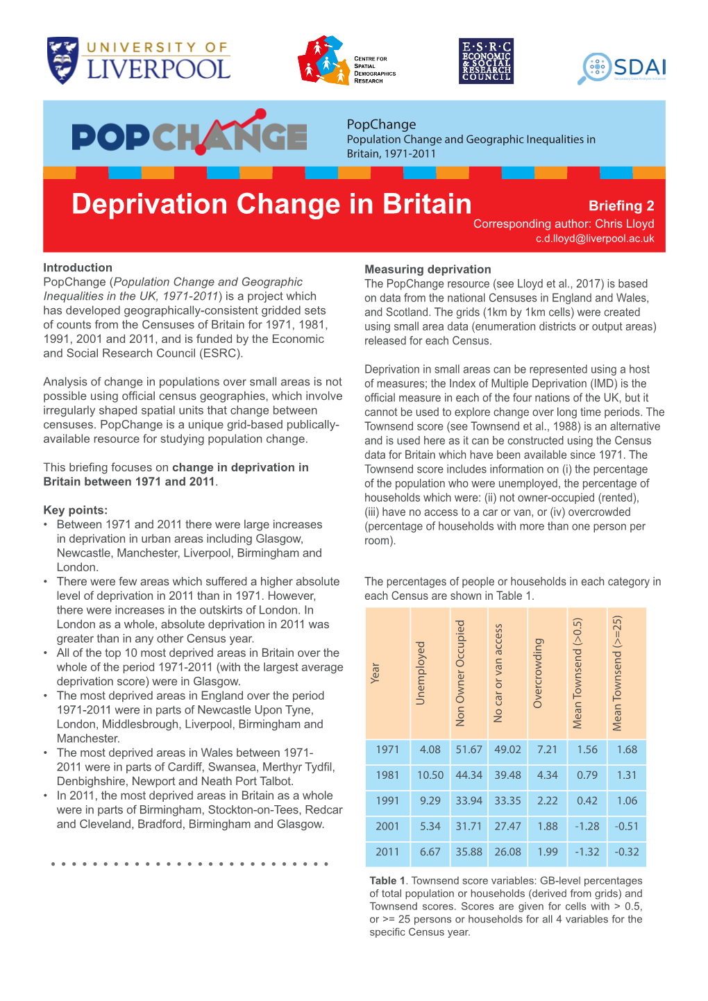 Deprivation Change in Britain Briefing 2 Corresponding Author: Chris Lloyd C.D.Lloyd@Liverpool.Ac.Uk