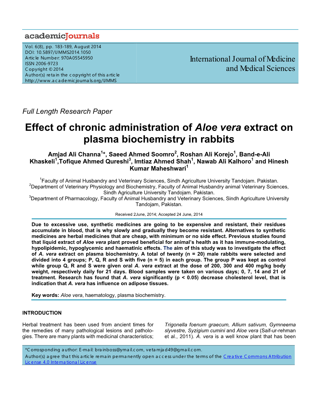 Effect of Chronic Administration of Aloe Vera Extract on Plasma Biochemistry in Rabbits
