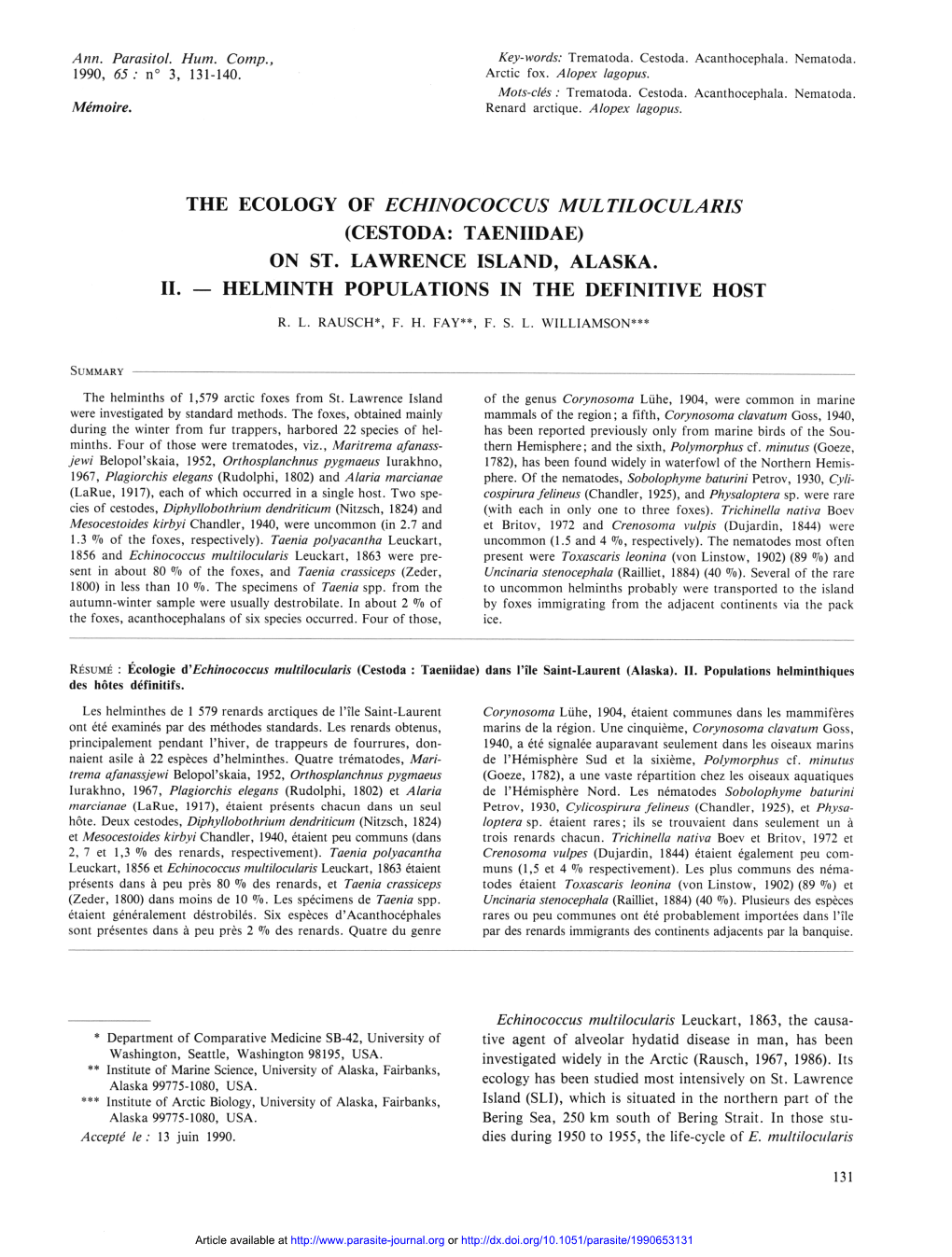 The Ecology of Echinococcus Multilocularis (Cestoda : Taeniidae)