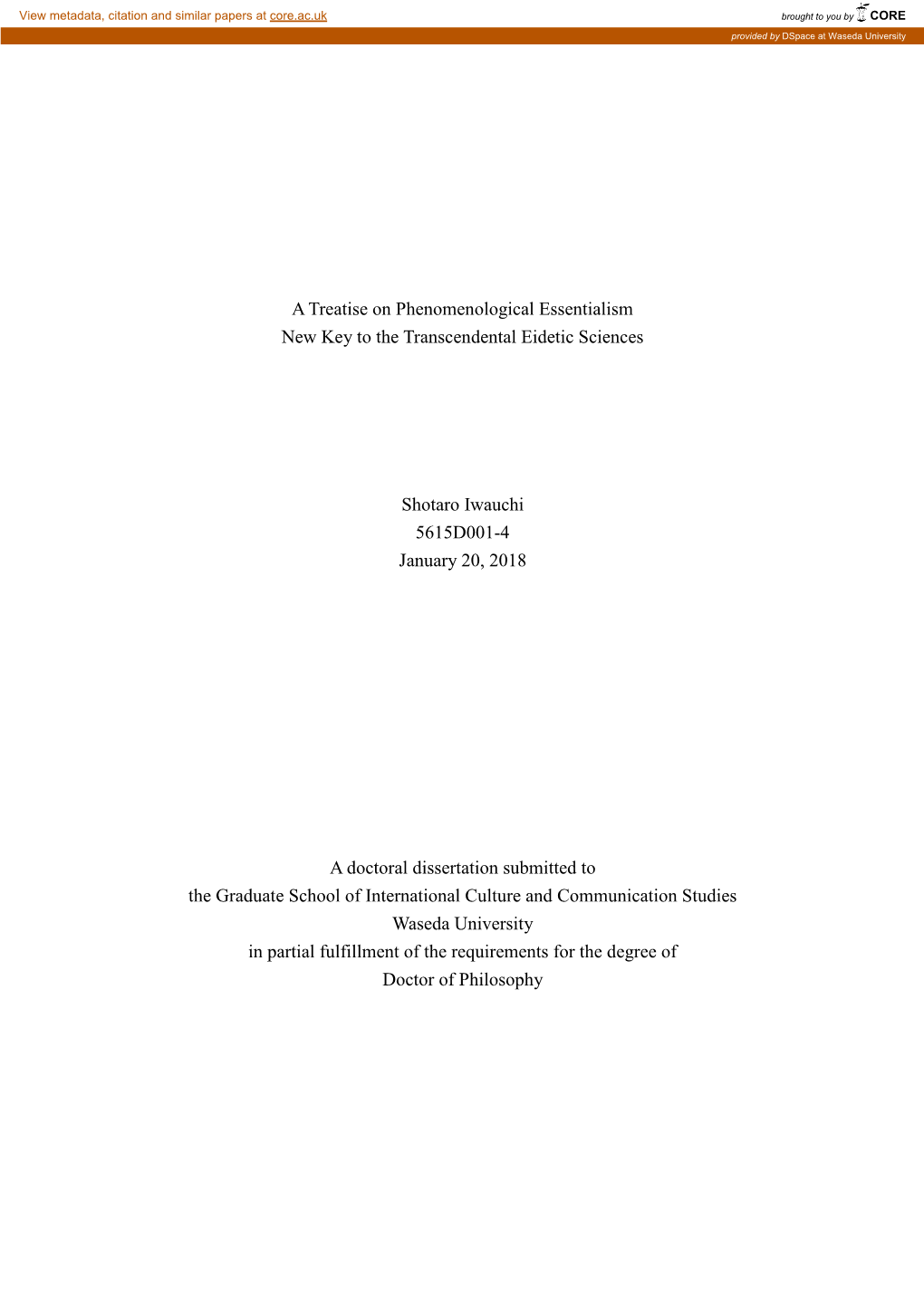 A Treatise on Phenomenological Essentialism New Key to the Transcendental Eidetic Sciences