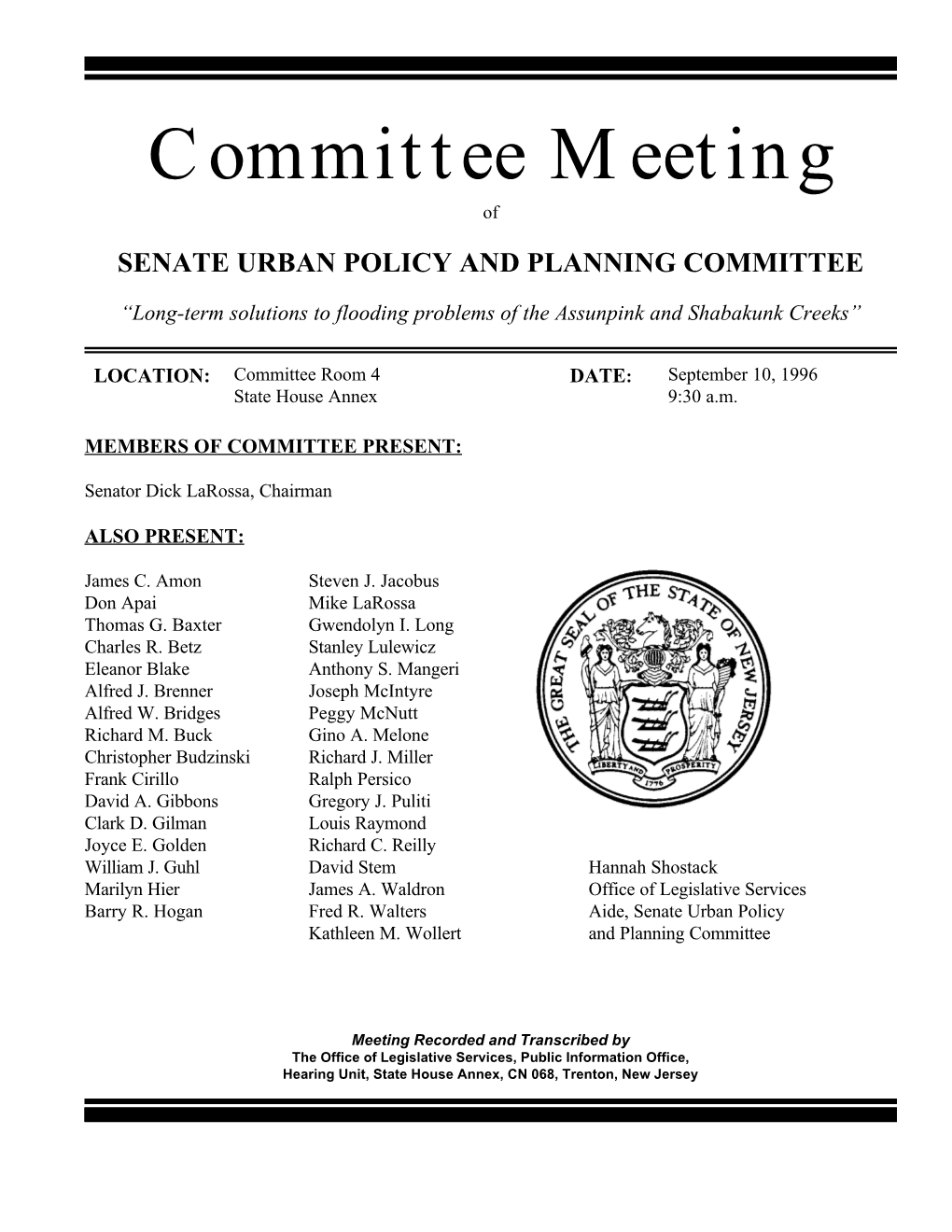 Committee Meeting of SENATE URBAN POLICY and PLANNING COMMITTEE
