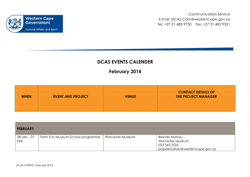 DCAS EVENTS CALENDER February 2014