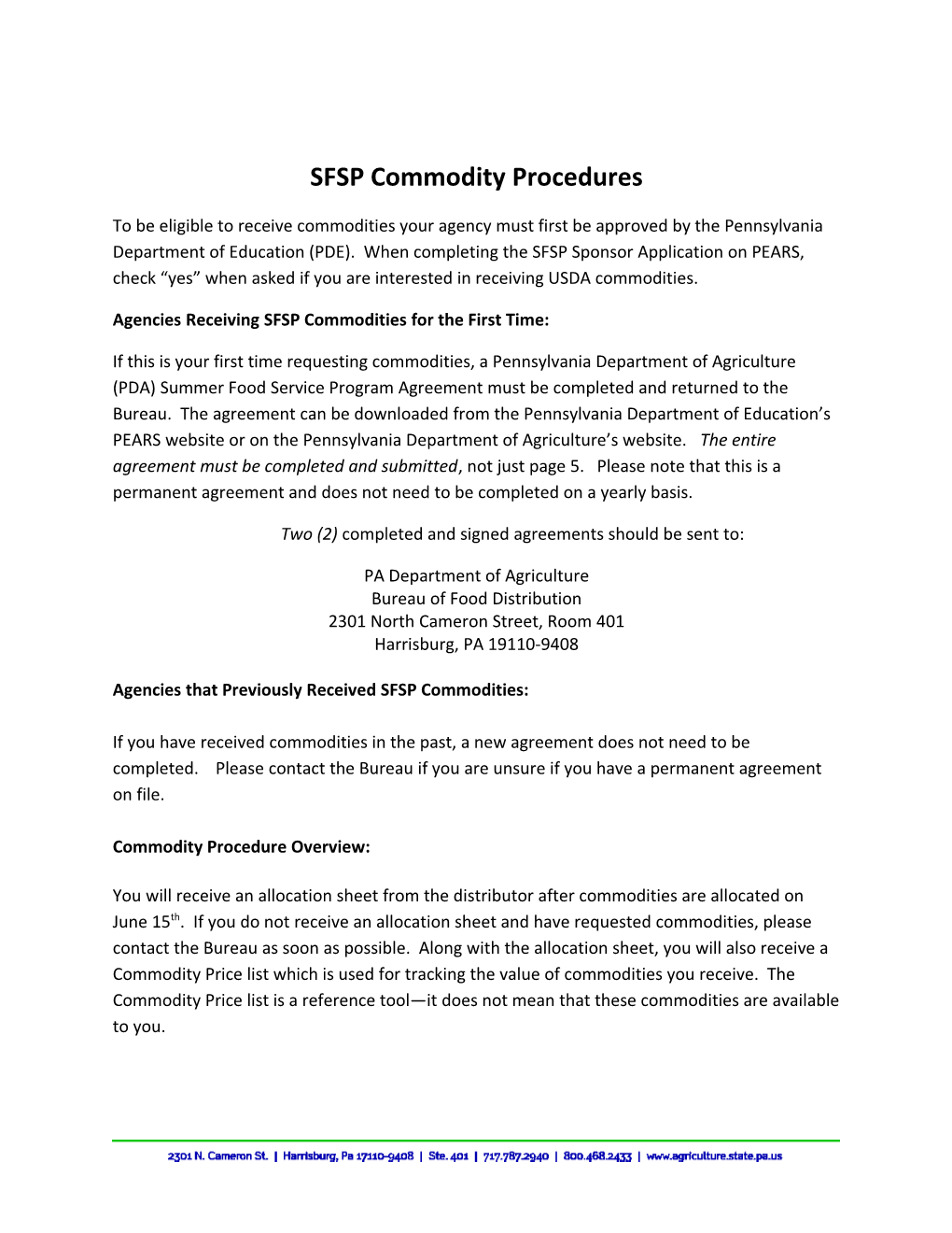 Agencies Receiving SFSP Commodities for the First Time