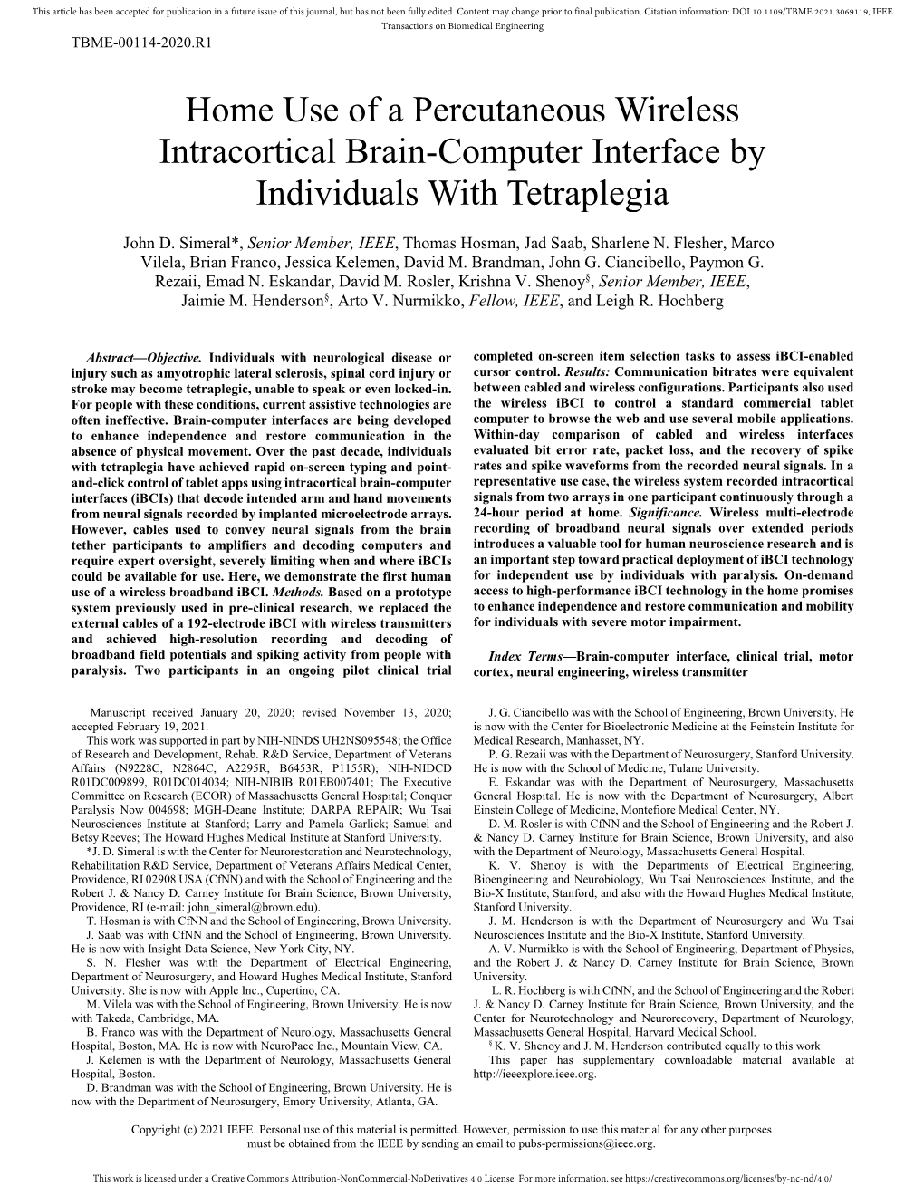 Home Use of a Percutaneous Wireless Intracortical Brain-Computer Interface by Individuals with Tetraplegia