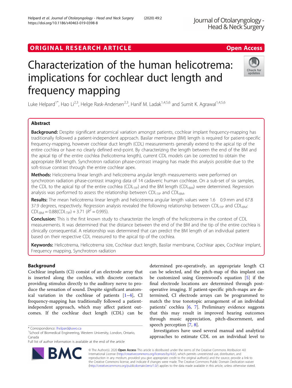 Implications for Cochlear Duct Length and Frequency Mapping Luke Helpard1*, Hao Li2,3, Helge Rask-Andersen2,3, Hanif M