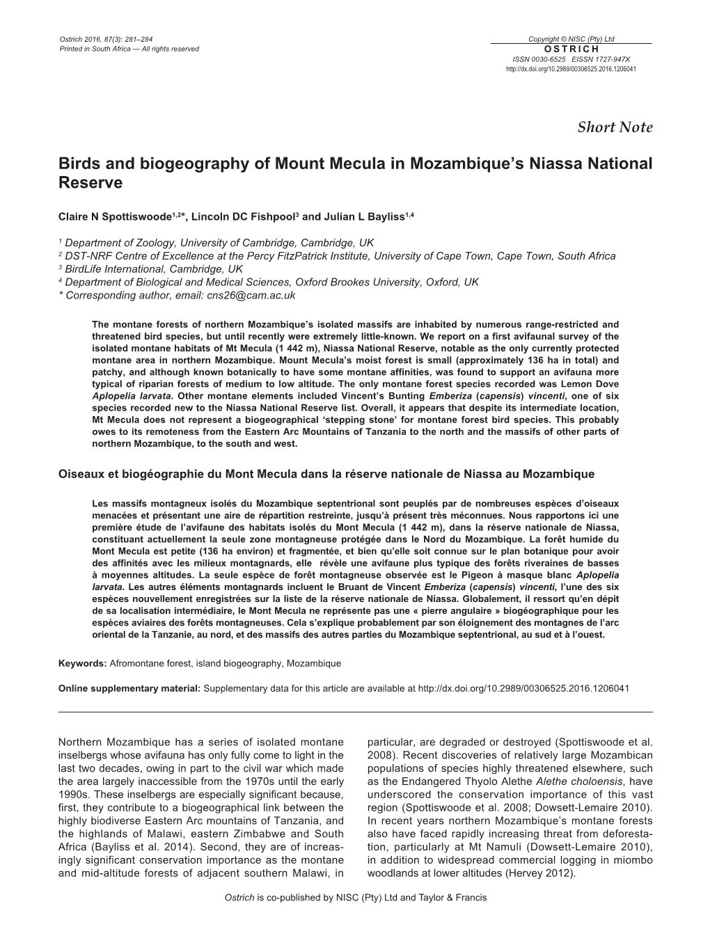 Birds and Biogeography of Mount Mecula in Mozambique's Niassa